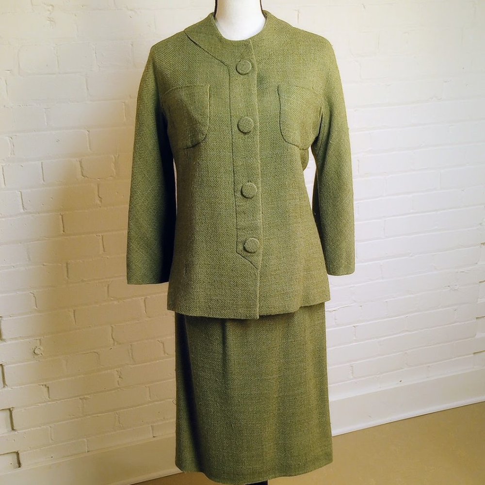 Vintage, Hand-made, green wool suit size 6